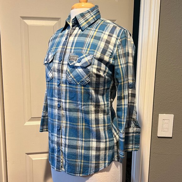 Superdry Tops - SUPERDRY women's blue plaid cotton shirt NWT S